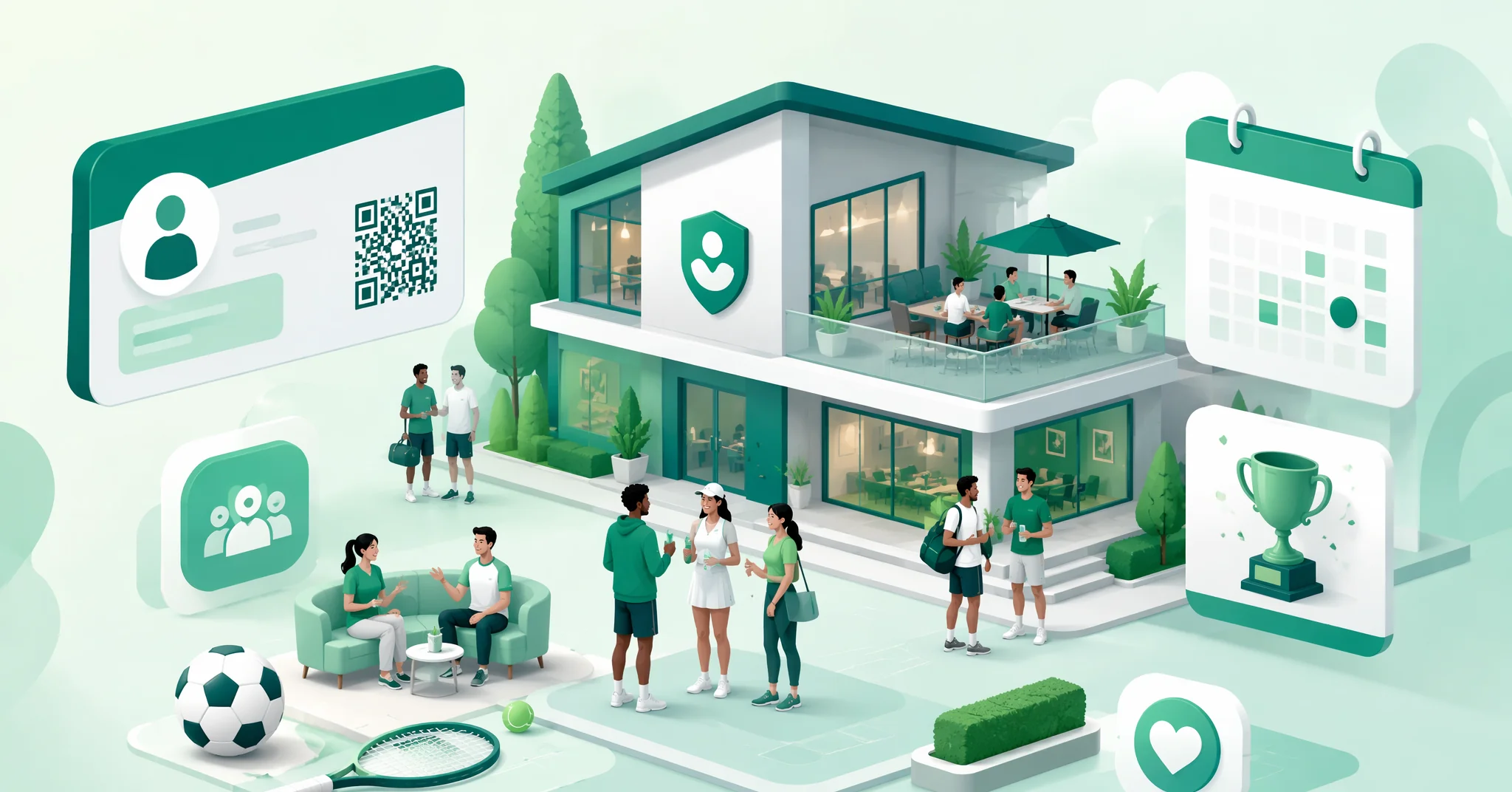 Ilustración isométrica de un club con sus socios, canchas y panel de gestión en verde esmeralda